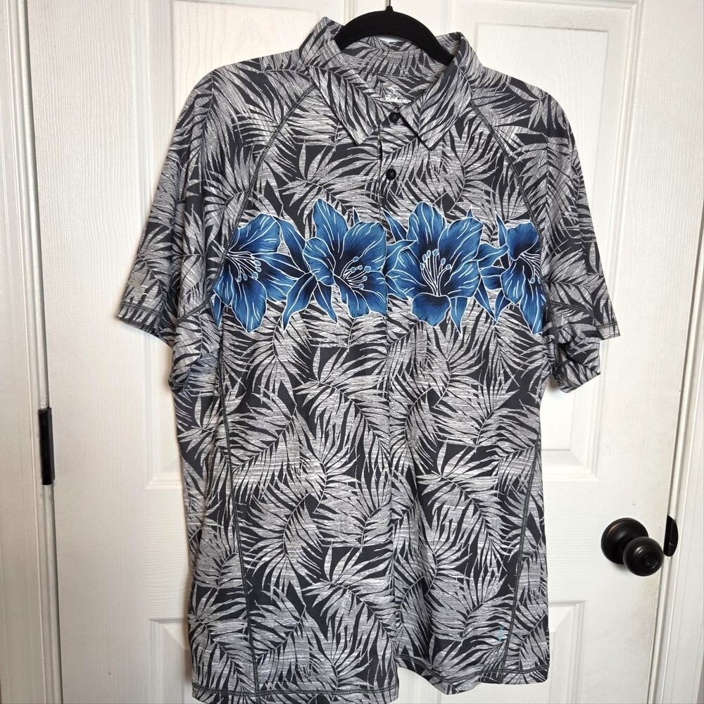 Tommy Bahama Polo Shirt Mens L Gray Blue Floral Palm Tropical IslandZone UPF 30